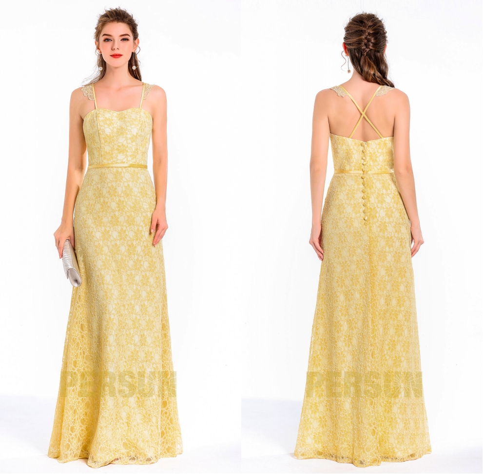 robe longue dentelle jaune à motifs fleuris