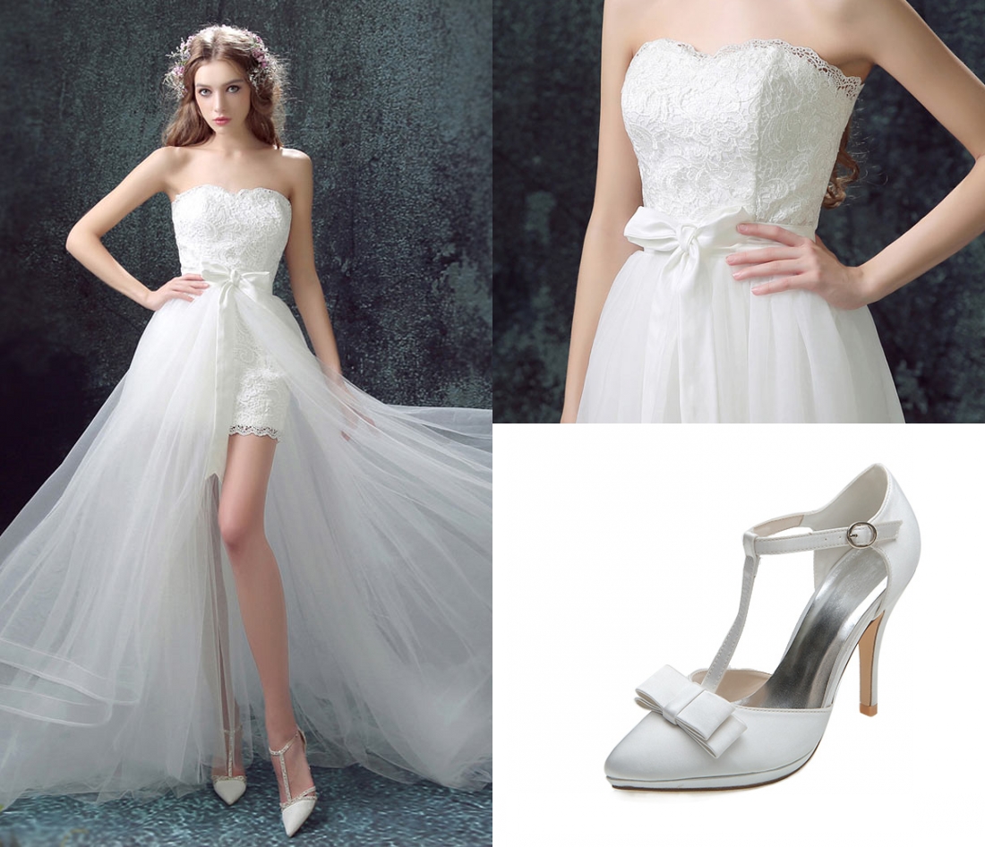robe de mariée rustique bustier courte en dentelle à jupe tulle & chaussures de mariage